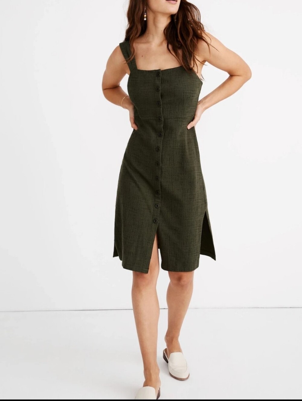 Madewell Olive Green Button-Front Midi Dress